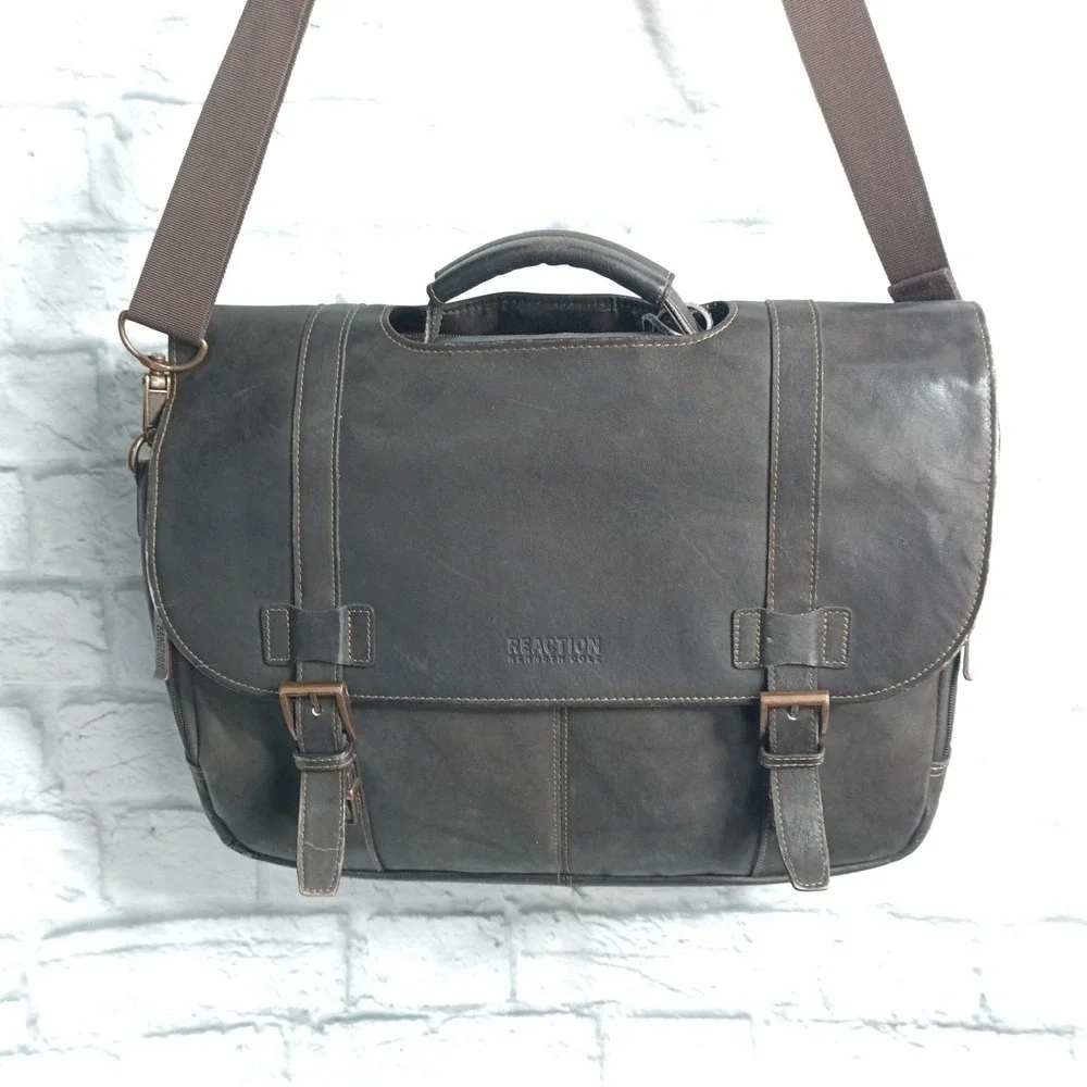 Kenneth Cole Reaction Brown Leather Messenger Bag Laptop Briefcase s10